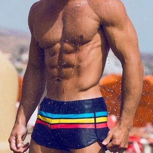 Men's Sexy Striped Swimwear Trunks Resort Shorts Black XL